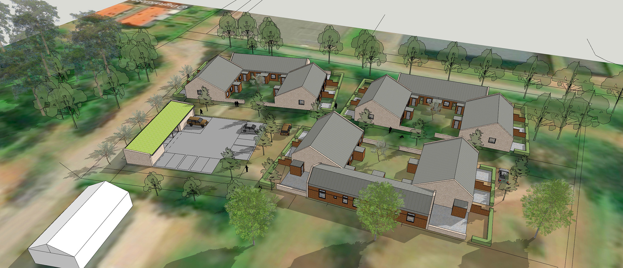 Visualisering av radhus på Tallyckan, uppifrån